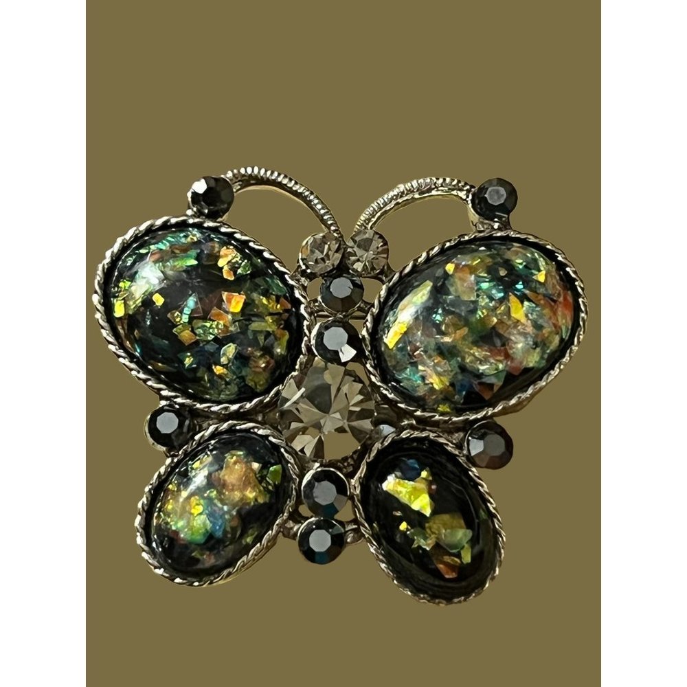 Vintage Silver Tone butterfly pin brooch barrette foil glitter rhinestones 2"